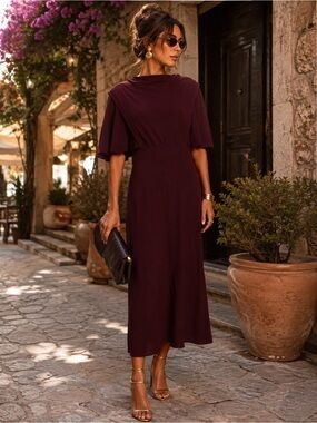 Sophisticated Burgundy Midi Dress with Draped Short Sleeves